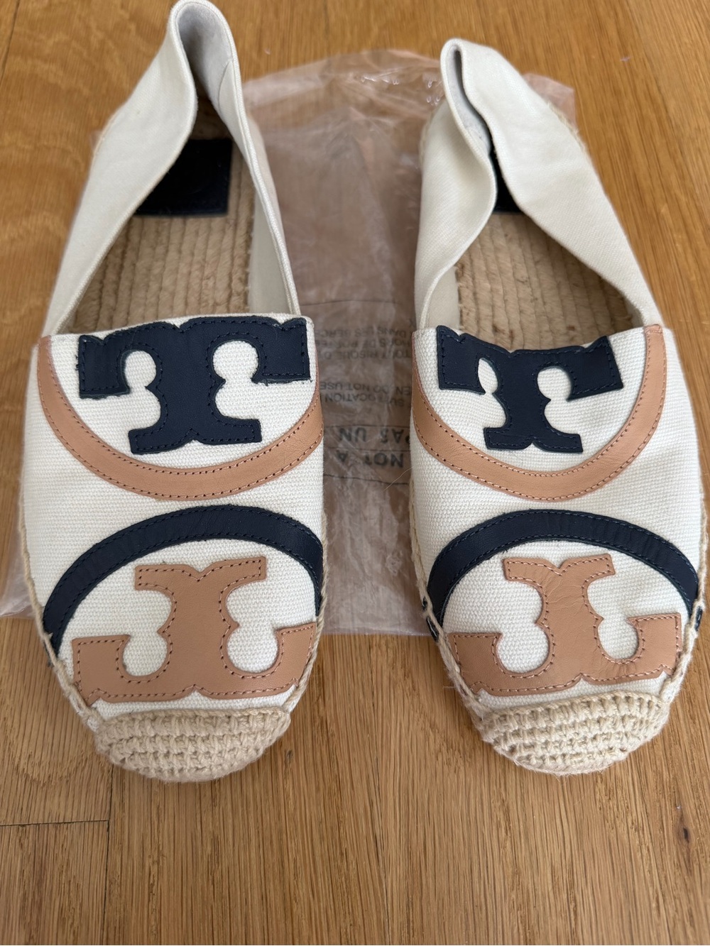 Tory Burch Canvas Espadrilles in Cream with Black & Tan Logos